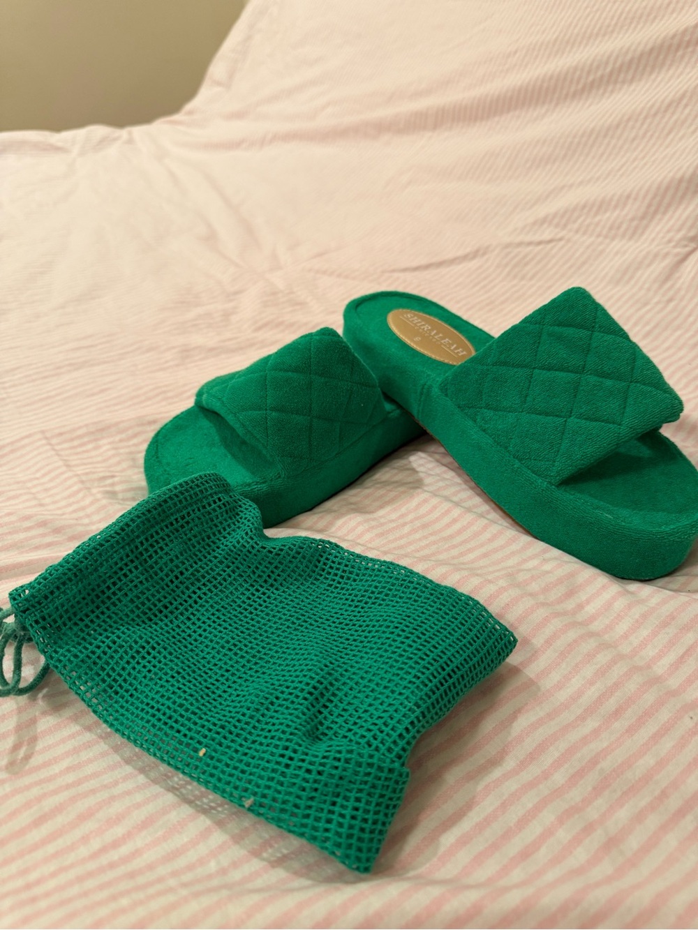 Shiraleah Green Quilted Slide Sandals with Mesh Pouch